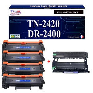 T3AZUR - 4 Toners + Tambour compatible Brother TN2420+DR2400