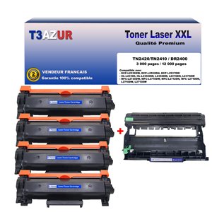 T3AZUR - 4 Toners + Tambour compatible Brother TN2420+DR2400 T3AZUR - 4 Toners + Tambour compatible Brother TN2420+DR2400