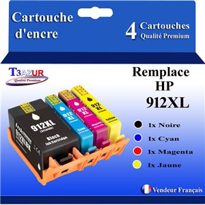 T3AZUR - 4x Cartouches compatibles avec HP 912, 912XL pour HP OfficeJet 8010, 8012, 8014, 8015, 8017, 8022, 8023, 8024, 8025
