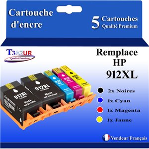 T3AZUR - 5x Cartouches compatibles avec HP 912, 912XL pour HP OfficeJet 8010, 8012, 8014, 8015, 8017, 8022, 8023, 8024, 8025