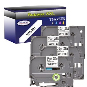 4x Rubans pour &eacute;tiquettes lamin&eacute;es g&eacute;n&eacute;rique Brother TZe231 - Texte noir sur fond blanc - Largeur 12 mm x 8 m&egrave;tres