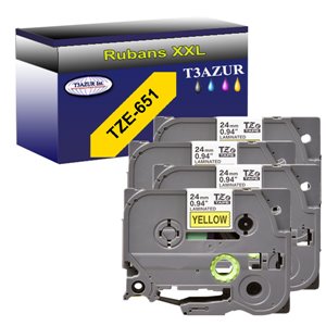 4 x Rubans d'&eacute;tiquettes lamin&eacute;es g&eacute;n&eacute;rique Brother TZe651 - Texte noir sur fond jaune - Largeur 24 mm x 8 m&egrave;tres
