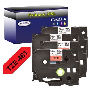 4 Rubans d'&eacute;tiquettes compatibles avec Brother Tze-461 pour &eacute;tiqueteuses P-touch - Noir sur rouge - 36 mm x 8 m&egrave;tres - T3AZUR