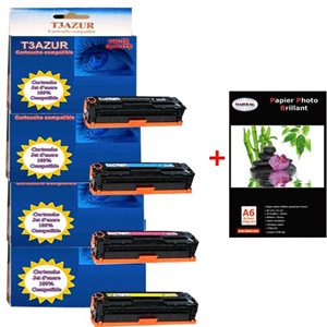 4 x HP COLOR LASERJET PRO CM1415FNW- HP CE320/1/2/3A - Compatible - 1 300 pages + Pack de 20 papiers photos A6 Brillant 230gr